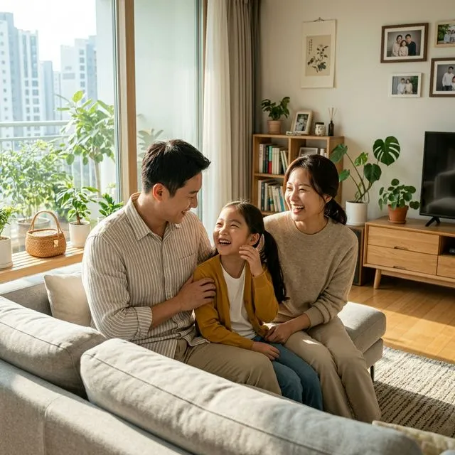2026년 아동수당 확대 정책으로 혜택을 받는 행복한 한국인 가족의 모습
