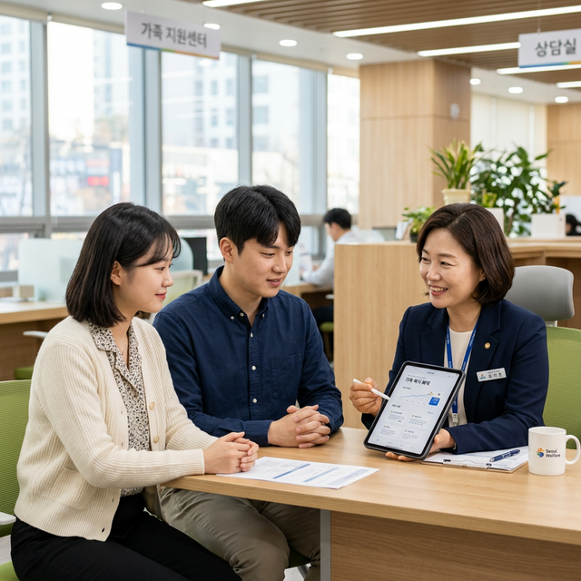정부 기관에서 부모급여 신청방법에 대해 상담받는 젊은 부부의 실사 사진