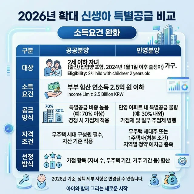 2026년 공공분양 vs 민영분양 신생아 특별공급 비교 인포그래픽