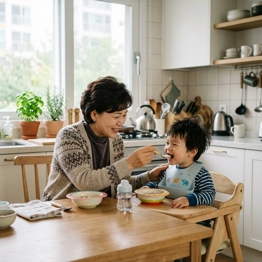 할머니가 거실에서 어린 손주에게 그림책을 읽어주며 정답게 교감하고 있는 따뜻한 돌봄 활동의 모습