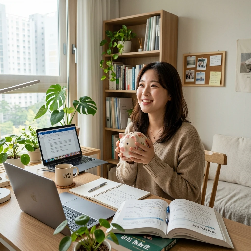 2026년 생계급여 인상 소식을 접하고 희망적인 미소를 지으며 책상 앞에 앉아 돼지저금통을 들고 있는 한국인 청년의 모습