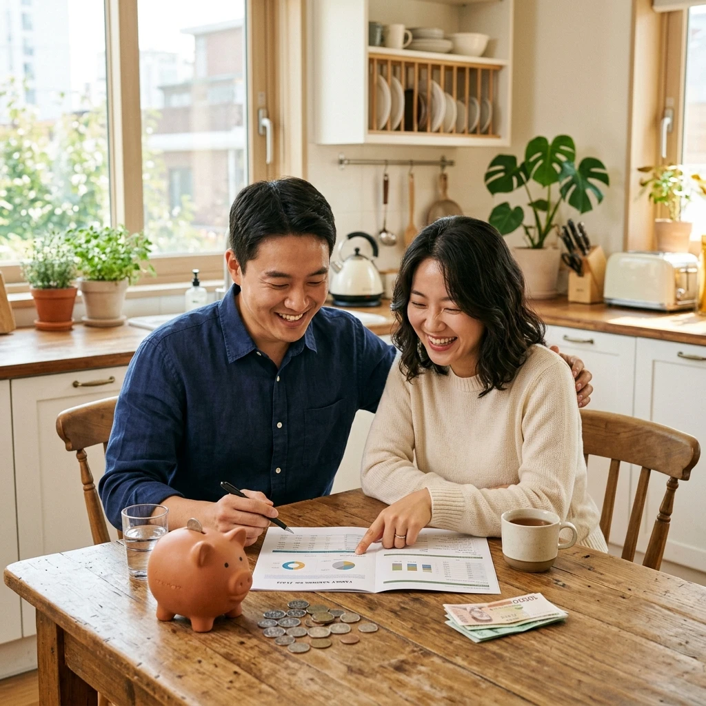 햇살이 잘 드는 아늑한 주방에서 30대 초반의 젊은 한국인 부부가 나무 테이블에 마주 앉아 국민연금 관련 지원 정책 서류를 보며 행복하게 웃고 있는 모습과 그 옆에 놓인 돼지저금통과 동전들
