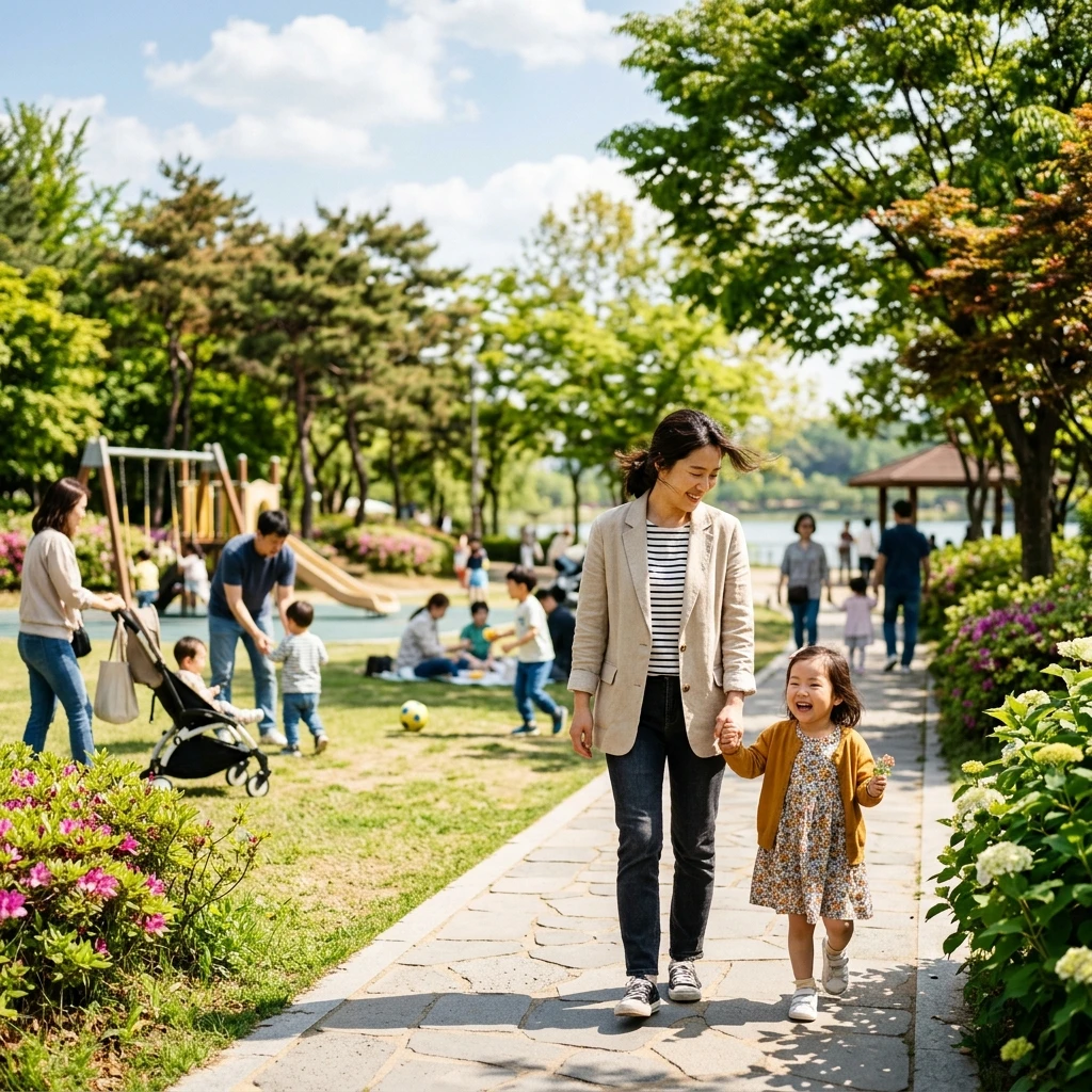 한국인 어머니가 어린 자녀의 손을 잡고 맑은 날 공원을 걸어가고 있으며 다른 부모와 아이들이 배경에서 놀고 있는 실사 사진
