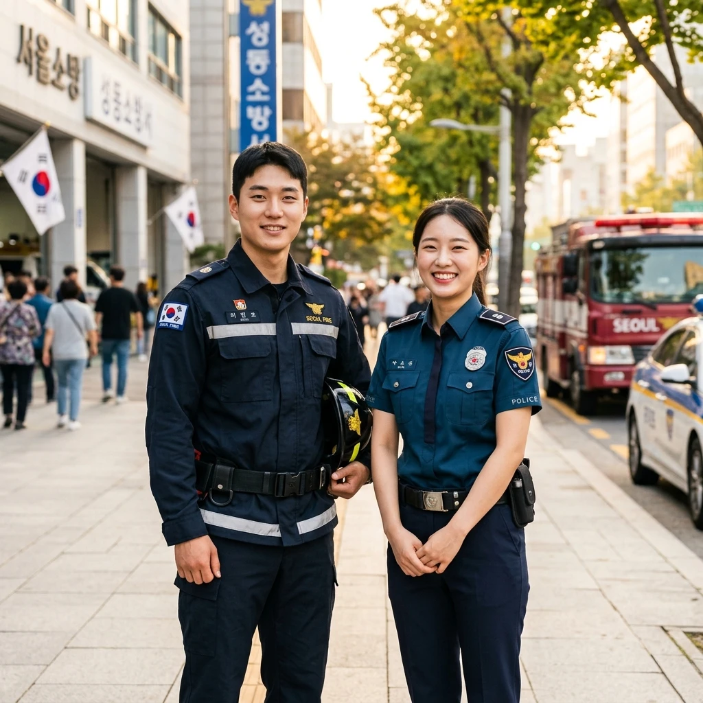 대한민국의 든든한 제복 소방관과 경찰관이 자랑스럽게 유니폼을 입고 미소 짓고 있는 모습