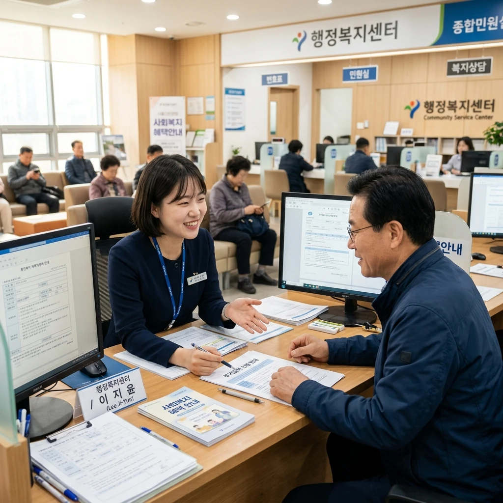 주민센터 상담 창구에서 공무원이 가입자에게 친절하게 복지멤버십 가입을 안내하는 모습